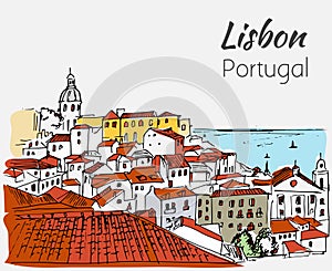 Lisbon cityscape - hand drawn sketch.