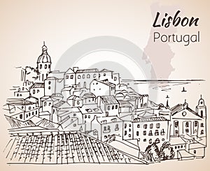 Lisbon cityscape - hand drawn sketch.