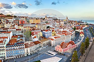 Lisbon cityscape panorama Alfama Portugal, beautiful European city summer, colored houses view