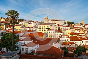 Lisbon cityscape panorama. View of the famous Alfama downtown. Panoramic view of the beautiful skyline of Lisbon, Portugal