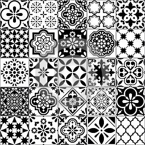 Lisbon geometric Azulejo tile vector pattern, Portuguese or Spanish retro old tiles mosaic, Mediterranean seamless black and white