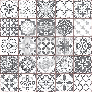 Lisbon geometric Azulejo tile vector pattern, Portuguese or Spanish retro old tiles mosaic, Mediterranean seamless gray and white photo