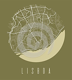 Lisbon map poster. Decorative design street map of Lisbon city, cityscape aria panorama