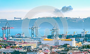 Lisbon port, cranes cargo containers