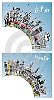 Lisbon and Porto Portugal City Skyline with Color Buildings, Blue Sky and Copy Space