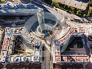 Lisbon, Portugal - 14 February 2021: Aerial view of the Galp Tower, an old oil refinery complex in disuse from Universal