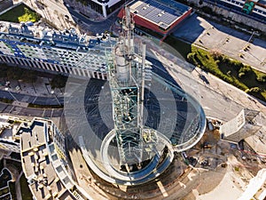 Lisbon, Portugal - 14 February 2021: Aerial view of the Galp Tower, an old oil refinery complex in disuse from Universal