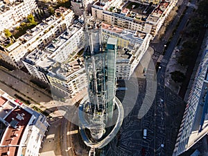 Lisbon, Portugal - 14 February 2021: Aerial view of the Galp Tower, an old oil refinery complex in disuse from Universal