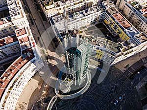 Lisbon, Portugal - 14 February 2021: Aerial view of the Galp Tower, an old oil refinery complex in disuse from Universal