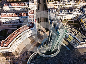 Lisbon, Portugal - 14 February 2021: Aerial view of the Galp Tower, an old oil refinery complex in disuse from Universal