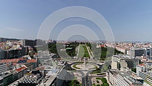 Lisbon, Portugal, aerial view of Lisbon cityscape including Eduardo VII park and Marques de Pombal