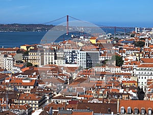 Lisbon, Portugal: Aerial view of Lisbon with red bridge of 25 april at Tejo river