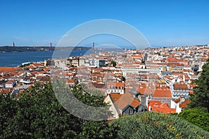 Lisbon, Portugal: Aerial view of Lisbon with red bridge of 25 april at Tejo river