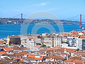 Lisbon, Portugal: Aerial view of Lisbon with red bridge of 25 april at Tejo river