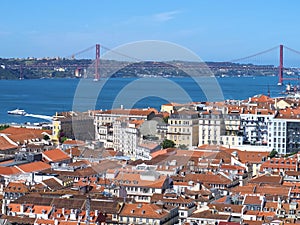 Lisbon, Portugal: Aerial view of Lisbon with red bridge of 25 april at Tejo river