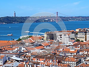 Lisbon, Portugal: Aerial view of Lisbon with red bridge of 25 april at Tejo river