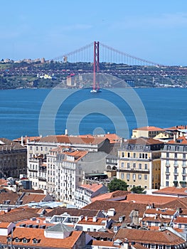 Lisbon, Portugal: Aerial view of Lisbon with red bridge of 25 april at Tejo river