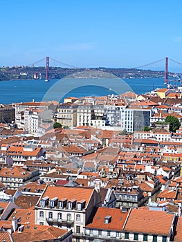 Lisbon, Portugal: Aerial view of Lisbon with red bridge of 25 april at Tejo river