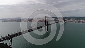 Lisbon, Portugal, aerial view of Ponte 25 de Abril bridge over the Tejo River