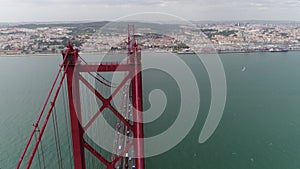 Lisbon, Portugal, aerial view of Ponte 25 de Abril bridge over the Tejo River.