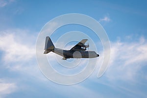 Lisbon, Portugal, April 04 2022: C-130 Hercules airplane at military ceremony and naval air parade