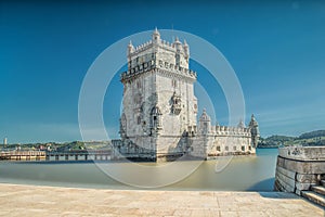 Lisbon, Portugal. Belem Tower Torre de Belem is a fortified tower located at the mouth of the Tagus River