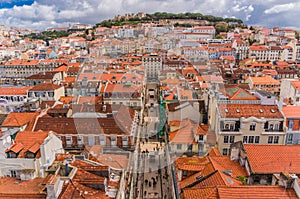 Lisbon, Portugal city skyline over Santa Justa Rua