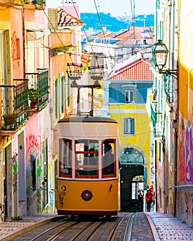 Lisbon, Portugal/Europe; 16/04/19: Elevador da Bica, one of most famous and touristic places in Lisbon, Portugal