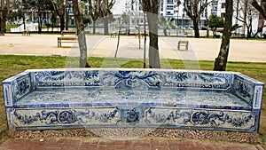 Lisbon, Portugal: garden bench covered with tiles