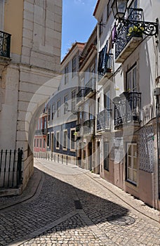 Lisbon, Portugal. Narrow street in the Bairro Alto quarter photo