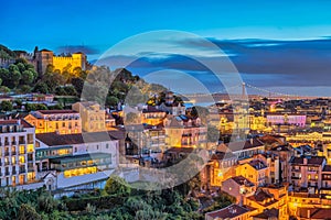 Lisbon Portugal night city skyline at Baixa district