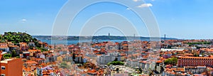 Lisbon, Portugal. Panoramic skyline with Sao Jorge castle, Tagus river and bridge