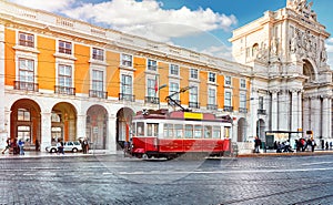 Lisbon, Portugal. Red tram at Commercial Square