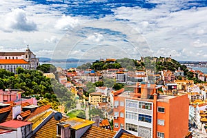 Lisbon, Portugal skyline with Sao Jorge Castle. Panoramic aerial view of Lisbon, Portugal. Panorama view of old town Lisbon and