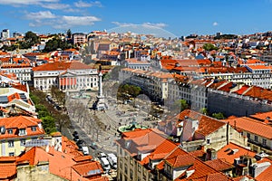 Lisbon, Portugal skyline view over Rossio Square from elevador Santa de Justa