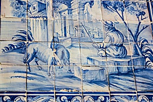 Lisbon, Portugal: street tiles with bucolic motifs in Alfama quarter