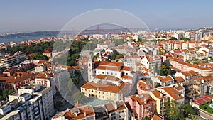 Lisbon Portugal sunny cityscape city centre view aerial panorama 4k drone summer