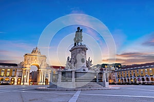 Lisbon Portugal, sunrise at Arco da Rua Augusta and Commerce Square