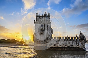 Lisbon Portugal sunrise city skyline at Belem Tower