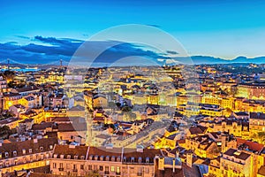 Lisbon Portugal sunset city skyline at Baixa district