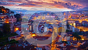 Lisbon, Portugal. Top view panorama of sunset. Evening