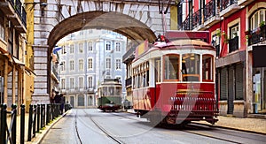Lisbon, Portugal. Vintage red retro tram