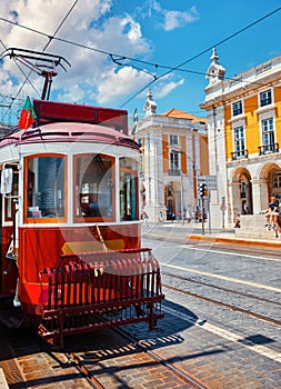 Lisbon Portugal. Vintage red retro tram at main central photo