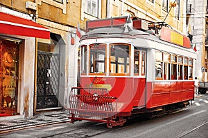 Lisbon, Portugal. Vintage red retro tram