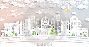 Lisbon Portugal. Winter City Skyline in Paper Cut Style with Snowflakes, Moon and Neon Garland. Christmas, New Year Concept.