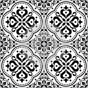 Lisbon, Portuguese style Azulejo tile seamless vector pattern in black ad white, repetitve floral textile, fabric print