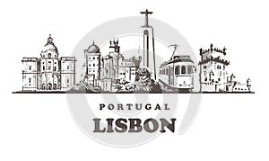 Lisbon sketch skyline,Portugal vintage vector illustration.Hand drawn Lisbon city