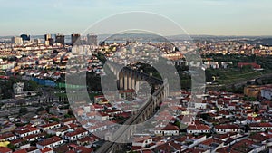 Lisbon Skyline and Aguas Livres Aqueduct. Aerial View