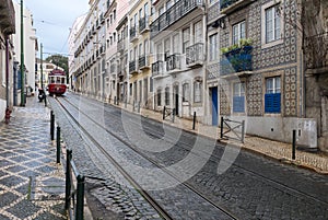 Lisbon street with red tram