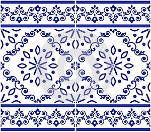 Lisbon style Azulejo tile seamless vector indigo pattern, elegant decorative design inspired by art from Portugal with floral and